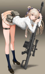 Rule 34 | 1girl, absurdres, anti-materiel rifle, barrett m82, bent over, bipod, blush, breasts, collared shirt, commission, full body, gibun (sozoshu), gun, hair ornament, hair ribbon, high heels, highres, holding, holding gun, holding weapon, kneehighs, large breasts, legwear garter, loafers, long hair, long sleeves, looking at viewer, miniskirt, muzzle device, necktie, original, pixiv commission, pleated skirt, ribbon, rifle, school uniform, scope, shadow, shirt, shoes, simple background, skindentation, skirt, sniper rifle, socks, solo, standing, thigh strap, uniform, v-shaped eyebrows, weapon, white shirt