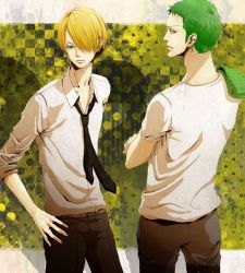 Rule 34 | 2boys, blonde hair, checkered background, crossed arms, earrings, green hair, hair over one eye, jewelry, male focus, multiple boys, necktie, one piece, roronoa zoro, sanji (one piece), standing
