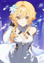 Rule 34 | blonde hair, blue background, breasts, cleavage, collarbone, detached sleeves, dress, falling petals, feather hair ornament, feathers, flower, genshin impact, gloves, hair between eyes, hair flower, hair ornament, tucking hair, hand up, highres, large breasts, lumine (genshin impact), palwoli1, partially fingerless gloves, petals, scarf, short hair with long locks, sidelocks, smile, star (sky), straight-on, upper body, white dress, white flower, white scarf, yellow eyes