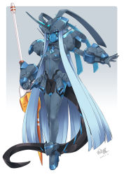 Rule 34 | 001 (darling in the franxx), armor, blue eyes, blue hair, blue skin, colored skin, cosplay, darling in the franxx, glowing, horns, lance, long hair, mecha, mecha musume, mechanical tail, polearm, power armor, robot, simelu, single horn, strelizia, strelizia (cosplay), tail, very long hair, weapon