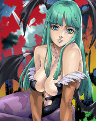 Rule 34 | 1girl, absurdres, animal print, bare shoulders, bat (animal), bat print, bat wings, blunt bangs, breasts, bridal gauntlets, cleavage, clothing cutout, commentary request, demon girl, green eyes, green hair, head wings, heart cutout, highres, large breasts, leotard, long hair, looking at viewer, low wings, morrigan aensland, pantyhose, parted lips, pretty-purin720, print pantyhose, purple pantyhose, sitting, solo, vampire (game), wings