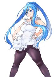Rule 34 | 10s, 1girl, aoki hagane no arpeggio, blue eyes, blue hair, breasts, covered erect nipples, hands on own hips, long hair, matching hair/eyes, medium breasts, mole, mole under mouth, onsoku inu, pantyhose, ponytail, simple background, solo, standing, takao (aoki hagane no arpeggio)