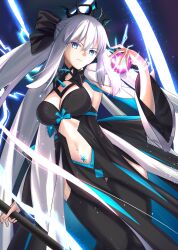 Rule 34 | 1girl, black bow, black dress, blue choker, blue eyes, bow, braid, breasts, center opening, choker, clothing cutout, crown, dress, fate/grand order, fate (series), french braid, grey hair, hair bow, highres, holding, holding weapon, large breasts, long hair, looking at viewer, masaruokayama, morgan le fay (fate), navel, ponytail, sidelocks, solo, stomach cutout, stomach tattoo, tattoo, two-tone dress, very long hair, weapon, white hair