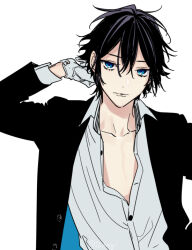 Rule 34 | 1boy, black hair, blue eyes, buttons, closed mouth, collared shirt, commentary request, dress shirt, gloves, hagiwara daisuke, hori-san to miyamura-kun, long sleeves, looking at viewer, male focus, miyamura izumi, partially unbuttoned, shirt, short hair, simple background, solo, twitter username, upper body, white background, white gloves