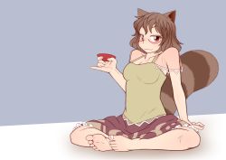 Rule 34 | 1girl, animal ears, arm support, barefoot, blush, breasts, brown eyes, brown hair, butterfly sitting, cleavage, cup, feet, feet together, female focus, futatsuiwa mamizou, glasses, iromeki overdrive, knees apart feet together, large breasts, looking at viewer, raccoon ears, raccoon tail, sakazuki, short hair, sitting, smile, soles, solo, tail, toenails, toes, touhou