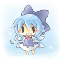 Rule 34 | 1girl, black eyes, blue hair, blush, bow, chibi, cirno, hair bow, ice, ice wings, lowres, open mouth, short hair, snowflakes, touhou, wings, yasiro