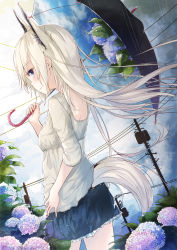 Rule 34 | 1girl, absurdres, animal ears, aqua eyes, casual, flower, hand on own hip, highres, holding, hydrangea, la-na, long hair, looking at viewer, original, rain, silver hair, smile, solo, tail, umbrella, wind, wolf ears, wolf tail