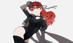 Rule 34 | 1girl, black choker, black jacket, black leotard, boots, choker, commentary request, gloves, jacket, leotard, long hair, looking up, persona, persona 5, persona 5 the royal, red eyes, red gloves, red hair, sabakawa, simple background, solo, white background, yoshizawa kasumi