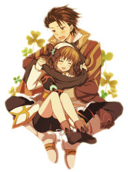 Rule 34 | 1boy, 1girl, :o, ^ ^, alvin (tales), ayamisiro, bike shorts, black gloves, boots, bow, brown eyes, brown hair, clover, ascot, closed eyes, flower, full body, gloves, hair flower, hair ornament, hair ribbon, hairband, knee boots, leia rolando, open mouth, pants, ribbon, shoes, short hair, sitting, sitting on lap, sitting on person, tales of (series), tales of xillia