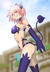 Rule 34 | 10s, 1girl, alternate costume, blue eyes, breasts, demon tail, elbow gloves, final fantasy, final fantasy xiii, from side, gloves, horns, lightning farron, lightning returns: final fantasy xiii, looking at viewer, navel, onnaski, pink hair, solo, square enix, stomach, tail, thighhighs