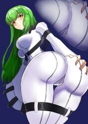 Rule 34 | 1girl, artist request, ass, ass focus, ass grab, blush, bodysuit, breasts, c.c., cameltoe, cleft of venus, code geass, deep skin, from behind, green hair, highres, huge ass, leaning, leaning forward, long hair, looking at viewer, medium breasts, orange eyes, sideboob, skin tight, solo, straitjacket, very long hair