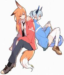 Rule 34 | 2girls, animal ears, arknights, black legwear, black neckwear, black pants, blue hair, blue jacket, brown footwear, chinese commentary, closed mouth, collared shirt, commentary request, dragon horns, dragon tail, fox ears, fox girl, fox tail, franka (arknights), grey background, highres, holding, holding photo, horns, jacket, liskarm (arknights), long hair, long sleeves, multiple girls, necktie, orange hair, pants, photo (object), ponytail, profile, red eyes, red jacket, school uniform, shirt, shoes, sitting, socks, tail, thighhighs, white footwear, white shirt, white thighhighs, xiao lu
