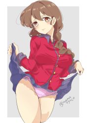 Rule 34 | 1girl, black ribbon, black skirt, border, braid, braided ponytail, brown eyes, brown hair, closed mouth, clothes lift, commentary, commission, cropped legs, epaulettes, girls und panzer, grey background, hair ornament, hair over shoulder, hair ribbon, hairclip, head tilt, highres, jacket, lace, lace-trimmed panties, lace trim, lifted by self, long hair, long sleeves, looking at viewer, military, military uniform, miniskirt, namatyoco, outside border, panties, pleated skirt, purple panties, red jacket, ribbon, rukuriri (girls und panzer), simple background, single braid, skirt, skirt lift, smile, solo, st. gloriana&#039;s military uniform, standing, twitter username, underwear, uniform, white border