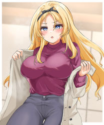 Rule 34 | 1girl, black pants, blonde hair, blue eyes, blush, breasts, buttons, coat, cowboy shot, highres, kantai collection, kasashi (kasasi008), large breasts, long hair, long sleeves, nelson (kancolle), official alternate costume, open clothes, open coat, open mouth, pants, purple shirt, shirt, solo, white coat