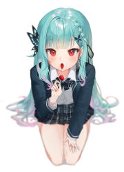 Rule 34 | 1girl, absurdres, aqua hair, blazer, blunt bangs, blush, bow, bowtie, braid, butterfly hair ornament, candy, collared shirt, dress shirt, food, french braid, from above, gradient hair, hair ornament, hand on own thigh, highres, hololive, jacket, lollipop, long hair, long sleeves, looking at viewer, looking up, miniskirt, multicolored hair, open clothes, open jacket, open mouth, pink hair, plaid, plaid skirt, pleated skirt, red eyes, saliva, saliva trail, school uniform, seiza, sexually suggestive, shirt, side braid, single hair intake, sitting, skirt, solo, tongue, tongue out, two side up, uruha rushia, uruha rushia (school uniform), very long hair, virtual youtuber, white shirt, wodnjs6712