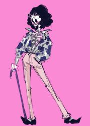 Rule 34 | 1boy, afro, black hair, blush, brook (one piece), cane, commentary, english commentary, eyelashes, eyewear on head, floral print, full body, hand in pocket, holding, holding cane, male focus, one piece, pants, pink background, shirt, shoes, skeleton, smile, solo, wigglesthetuff