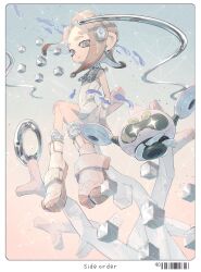 Rule 34 | 2girls, agent 8 (splatoon), bodysuit, boots, brown hair, choker, copyright name, coral, crown, drone, earrings, floating, grey choker, grey eyes, grey hair, highres, jewelry, leg warmers, long hair, multicolored hair, multiple girls, nintendo, non-humanoid robot, octoling, octoling girl, octoling player character, parted lips, pearl drone (splatoon), pppmepl, robot, sitting, sleeveless, sleeveless bodysuit, splatoon (series), splatoon 3, splatoon 3: side order, suction cups, tentacle hair, two-tone hair, white bodysuit, white footwear, white leg warmers