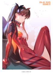 Rule 34 | 1girl, absurdres, black ribbon, blue eyes, bodysuit, breasts, cosplay, crossover, evangelion: 3.0 you can (not) redo, fate/stay night, fate (series), green eyes, hair ribbon, highres, knee up, long hair, long legs, looking at viewer, neon genesis evangelion, plugsuit, rebuild of evangelion, red bodysuit, ribbon, scan, shiny skin, siino, sitting, small breasts, solo, souryuu asuka langley (cosplay), thighs, tohsaka rin, torn bodysuit, torn clothes, twintails, two side up