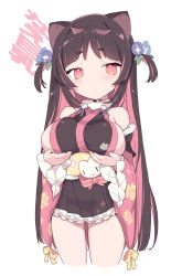 Rule 34 | 1girl, alternate breast size, animal ears, blade (galaxist), blush, breast lift, breasts, brown hair, cat ears, closed mouth, colored inner hair, cowboy shot, cropped legs, detached sleeves, dot mouth, dot nose, flower, hair flower, hair ornament, highres, japanese clothes, kimono, kimono skirt, large breasts, long hair, long sleeves, looking at viewer, multicolored hair, nekoyama nae, obi, pink hair, red eyes, sash, sideboob, solo, toranoana, two side up, very long hair, white background, wide sleeves