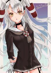 Rule 34 | 1girl, absurdres, amatsukaze (kancolle), black dress, blush, buttons, cowboy shot, dated, dress, gloves, grey hair, hair between eyes, hair tubes, heart, highres, kantai collection, long hair, long sleeves, looking at viewer, one-hour drawing challenge, parted lips, sailor collar, sailor dress, shiomugi (shio mugi1107), single glove, solo, twitter username, two side up, white gloves, white sailor collar, yellow eyes
