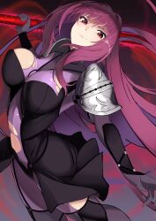 Rule 34 | 1girl, armor, bodysuit, breasts, fate/grand order, fate (series), gae bolg (fate), hair intakes, highres, large breasts, leotard, long hair, pauldrons, polearm, purple bodysuit, purple hair, purple leotard, red eyes, reibun (raven1119), scathach (fate), shoulder armor, smile, solo, spear, torn bodysuit, torn clothes, very long hair, weapon