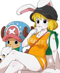 Rule 34 | 1boy, 1girl, animal ears, antlers, backpack, bag, blonde hair, blush, breasts, carrot (one piece), cleavage, clothes writing, cotton candy, dagashi (daga2626), eating, eyelashes, furry, furry female, hat, highres, horns, medium breasts, one piece, rabbit ears, rabbit girl, rabbit tail, tail, tony tony chopper