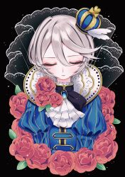 Rule 34 | 1girl, ao (ao0 0nemu), ascot, bad id, bad twitter id, black background, black ribbon, brooch, closed eyes, closed mouth, commentary request, cropped torso, crown, facing viewer, flower, grey hair, hair between eyes, highres, idol clothes, jewelry, juliet sleeves, long sleeves, mini crown, neck ribbon, pretty series, pripara, puffy sleeves, red flower, red rose, reverse trap, ribbon, rose, shikyoin hibiki, short hair, solo, upper body, white ascot