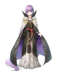 Rule 34 | 1girl, absurdly long hair, black dress, black feathers, cape, dress, expressionless, feathers, fire emblem, fire emblem heroes, full body, hair between eyes, highres, long dress, long hair, looking at viewer, miwabe sakura, nintendo, official art, purple eyes, purple hair, solo, sophia (fire emblem), standing, transparent background, very long hair