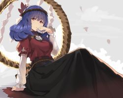 Rule 34 | 1girl, arm support, black skirt, blue hair, breasts, commentary request, cup, falken (yutozin), grey background, hair between eyes, hair ornament, hand up, highres, holding, holding cup, knees up, large breasts, leaf hair ornament, long hair, long sleeves, looking at viewer, mirror, one-hour drawing challenge, parted lips, puffy short sleeves, puffy sleeves, red eyes, red shirt, robe, rope, shide, shimenawa, shirt, short sleeves, sitting, skirt, solo, touhou, yasaka kanako