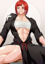 Rule 34 | 1girl, abs, absurdres, bandages, black kimono, blunt bangs, breasts, chest sarashi, commentary, highres, japanese clothes, kimono, kureshi (hannzi), large breasts, navel, original, red hair, sarashi, scar, scar on face, short hair, sitting, solo, stomach, thighs