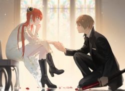 Rule 34 | 1boy, 1girl, black footwear, blue eyes, boots, bracelet, breasts, bun cover, collared shirt, couple, crossed legs, dress, earrings, formal, from side, full body, gintama, hair bun, head rest, hetero, highres, holding hands, jewelry, kagura (gintama), katana, kneeling, light brown hair, loli bushi, long hair, looking at another, md5 mismatch, medium breasts, necktie, okita sougo, on one knee, orange hair, pants, petals, profile, marriage proposal, red eyes, reflective floor, resolution mismatch, scabbard, sheath, sheathed, shirt, short hair, single hair bun, sitting, source smaller, stained glass, suit, sword, thighs, weapon, white dress