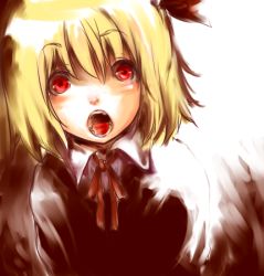 Rule 34 | 1girl, blonde hair, embodiment of scarlet devil, female focus, lowres, open mouth, red eyes, ribbon, rumia, shiro (hakukosui), short hair, solo, touhou, upper body
