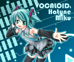 Rule 34 | 1girl, aged down, aqua hair, aqua necktie, blouse, blue background, boots, character name, collared shirt, copyright name, detached sleeves, frilled shirt, frills, grey shirt, hatsune miku, makino (ukiuo), necktie, shirt, short hair, sleeveless, sleeveless shirt, solo, swept bangs, tattoo, thigh boots, thighhighs, vocaloid, zettai ryouiki