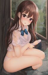 Rule 34 | 1girl, alternate costume, black socks, blue bow, blue bowtie, blue bra, blush, bow, bowtie, bra, bra visible through clothes, breasts, brown footwear, brown hair, collared shirt, cross hair ornament, embarrassed, full-face blush, furrowed brow, groin, hair ornament, hairclip, highres, lily pad, long hair, looking at viewer, medium breasts, midriff, minato ojitan, no pants, open collar, open mouth, original, outdoors, panties, parted lips, pond, rain, school uniform, see-through, shirt, shoes, short sleeves, sidelocks, socks, squatting, thighs, tree, underwear, water drop, wet, wet clothes, wet shirt, white shirt, wringing clothes