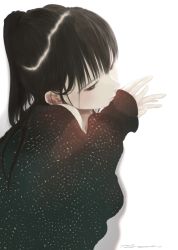 Rule 34 | 1girl, absurdres, bare shoulders, black hair, black sweater, blush, commentary, english commentary, eyelashes, from side, hands up, head tilt, highres, junito715, long sleeves, looking away, off shoulder, original, ponytail, shadow, signature, simple background, sleeves past wrists, sweater, white background