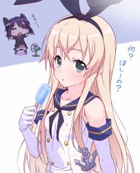 Rule 34 | 10s, 2girls, anchor hair ornament, bare shoulders, black neckerchief, blonde hair, breasts, chibi, covered erect nipples, elbow gloves, electric fan, eyepatch, closed eyes, food, gloves, hair ornament, hairband, hot, ice cream, k10k, kantai collection, looking at viewer, multiple girls, neckerchief, panties, purple hair, sailor collar, shimakaze (kancolle), short hair, skirt, small breasts, sweat, tenryuu (kancolle), underwear, upper body, white gloves, white panties, wind, wind lift