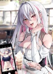Rule 34 | 1girl, absurdres, ahoge, bare shoulders, black nails, black panties, black tank top, blush, breasts, cellphone, cellphone photo, cleavage, crossed bangs, detached sleeves, dress, drink, earrings, glass table, hair ornament, hairclip, heterochromia, highres, holding, holding phone, indoors, jewelry, large breasts, long hair, looking at viewer, lying, multicolored hair, nail polish, navel, on back, open mouth, original, panties, parfait, phone, pov across table, ring, side slit, sidelocks, smartphone, streaked hair, table, tank top, underwear, vitaminechan, vivi (vitaminechan), white dress, white hair