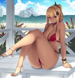 Rule 34 | 1girl, ass, bare legs, bare shoulders, bikini, blonde hair, bracelet, breasts, bush, cave, cleavage, closed mouth, cloud, collarbone, day, elf, flower, gradient hair, hair flower, hair ornament, hair tie, highres, horizon, houtengeki, island, jewelry, large breasts, leg up, long hair, looking at viewer, magatama, multicolored hair, no legwear, original, outdoors, pendant, pink hair, plant, pointy ears, ponytail, purple flower, red bikini, red eyes, sandals, shore, sitting, smile, solo, swimsuit, thighs, wooden floor