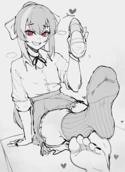 Rule 34 | 1girl, arm support, barefoot, bow, clenched teeth, collared shirt, commentary, english commentary, eyelashes, feet, foot focus, foreshortening, full body, hair bow, hand up, heart, highres, holding, k-rha&#039;s, leaning back, loafers, miniskirt, monochrome, multicolored hair, nail polish, neck ribbon, no shoes, original, ponytail, red eyes, ribbed socks, ribbon, school uniform, shirt, shoes, unworn shoes, sidelocks, simple background, single sock, sketch, skirt, socks, soles, solo, streaked hair, teeth, toenail polish, toenails, toes