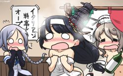 Rule 34 | 10s, 3girls, = =, black gloves, black hair, blush, bottle, braid, brown hair, censored nipples, collarbone, commentary, convenient censoring, dated, drunk, elbow gloves, flying sweatdrops, fusou (kancolle), gloves, hachimaki, hair between eyes, hair ornament, hamu koutarou, headband, highres, holding, holding bottle, italian flag, kantai collection, long hair, low-tied long hair, multiple girls, no pupils, nose blush, nude, o o, open mouth, pola (kancolle), remodel (kantai collection), school uniform, silver hair, single braid, solid oval eyes, translated, umikaze (kancolle), wavy hair, wine bottle