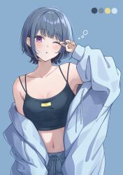 Rule 34 | 1girl, absurdres, blue background, blue cardigan, blue hair, breasts, cardigan, cleavage, collarbone, crop top, ene mizunoawa, highres, koshimizu toru, long sleeves, medium hair, midriff, nail polish, navel, nijisanji, one eye closed, open cardigan, open clothes, open mouth, red eyes, small breasts, solo, standing, stomach, straight hair, virtual youtuber, yellow nails