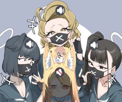 Rule 34 | 4girls, ahoge, animal ears, bird, black hair, blue archive, brown hair, delinquent, fanged bangs, fingerless gloves, forehead, fox ears, gen (unzzenasd), gloves, halo, highres, mask, mouth mask, multiple girls, mute speaker sign, neckerchief, no mouth, seia (blue archive), side ponytail, sukeban, sukeban (mg) (blue archive), sukeban (smg) (blue archive), sukeban (sr) (blue archive), surgical mask, tit (bird), white bird, white neckerchief, x mark, yellow halo
