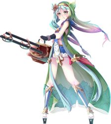 Rule 34 | 1girl, breasts, full body, green eyes, green hair, gun, hair between eyes, hair ornament, hairband, holding, holding gun, holding weapon, long hair, looking at viewer, low twintails, nagashino (oshiro project), official art, oshiro project:re, oshiro project:re, platform footwear, sho (runatic moon), small breasts, solo, transparent background, twintails, weapon, yellow hairband