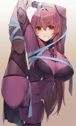 1girl bodysuit breasts covered_navel cowboy_shot damda fate/grand_order fate_(series) hair_intakes large_breasts leg_lift leg_up leotard long_hair looking_at_viewer purple_bodysuit purple_hair purple_leotard red_eyes ribbon scathach_(fate) scathach_(fate) split standing standing_on_one_leg standing_split very_long_hair