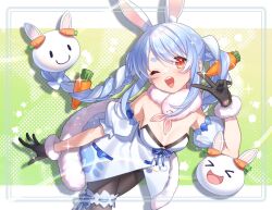 Rule 34 | 1girl, 2others, animal ears, black pantyhose, blue hair, braid, breasts, dress, hololive, leaning forward, long hair, looking at viewer, medium breasts, multicolored hair, multiple others, one eye closed, open mouth, pantyhose, pekomon (usada pekora), rabbit ears, rabbit girl, red eyes, smile, tatata n3b7, teeth, thick eyebrows, tongue, twin braids, upper teeth only, usada pekora, usada pekora (1st costume), virtual youtuber, white dress, white hair