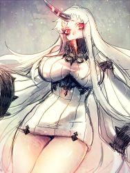 Rule 34 | 10s, 1girl, abyssal ship, bags under eyes, bare shoulders, breasts, covered erect nipples, covered mouth, detached sleeves, dress, female focus, gradient background, horns, kantai collection, large breasts, long hair, long sleeves, poroi (poro586), red eyes, ribbed dress, seaport princess, short dress, single horn, solo, twitter username, very long hair, white dress, white hair