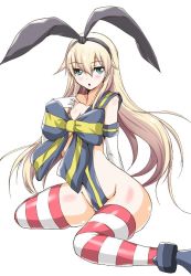 Rule 34 | 10s, 1girl, :o, aoiakira553, blonde hair, blue eyes, blush, bow, elbow gloves, gloves, hairband, kantai collection, looking at viewer, naked ribbon, ribbon, shimakaze (kancolle), simple background, sitting, solo, striped clothes, striped thighhighs, thighhighs, white background, white gloves