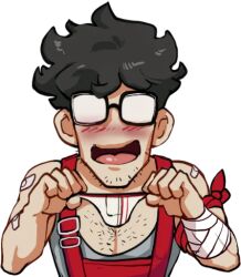 Rule 34 | 1boy, bandaged arm, bandages, bandaid, bandaid on arm, bara, beard, black hair, blush, chest hair, facial hair, fairytale police hoe department, gepetto ardalos, glasses, grey tank top, holding, holding clothes, holding underwear, idoraad, male focus, non-web source, opaque glasses, open mouth, overalls, pectoral cleavage, pectorals, red overalls, red track suit, short hair, tank top, tongue, transparent background, underwear, upper body