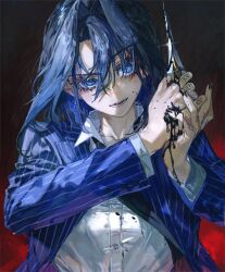 Rule 34 | 1girl, black nails, blue eyes, blue hair, collarbone, dagger, eyelashes, formal, gradient background, hair intakes, highres, hololive, hololive english, ink, ink stain, knife, looking at viewer, ouro kronii, pale skin, parted lips, quasarcake, roman numeral, shirt, solo, suit, virtual youtuber, weapon, white shirt