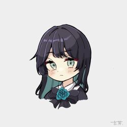 Rule 34 | 1girl, ado (utaite), black bow, black bowtie, black hair, blue eyes, blue flower, blue hair, blue rose, blush, bow, bowtie, chando (ado), closed mouth, cloud nine inc, colored inner hair, commentary, cotha do, cropped torso, flower, flower brooch, long hair, looking at viewer, mole, mole under eye, multicolored hair, rose, signature, simple background, solo, two-tone hair, upper body, utaite, white background